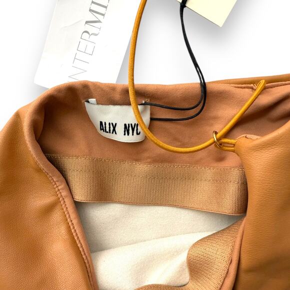 NWT Alix NYC Vegan Leather Midi Dress beige halter side slit bodycon sz XS - Picture 4 of 12